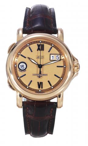Pink Gold San Marco GMT.Ulysse Nardin, San Marco- GMT, No. 35/100, Ref..226-88. Made in a limited series of 100 examples, sold on.September 1999..Fine, self-winding, water-resistant, center seconds, two time zone.18K pink gold wristwatch with date and an 