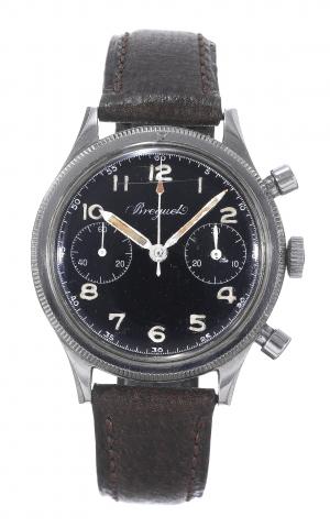 Type XX.Breguet, Type XX, case No. 8050, Ref. 5101. Made.circa 1954..Fine and rare, water-resistant, stainless steel aviator's wristwatch.with retour en vol round button chronograph and register.