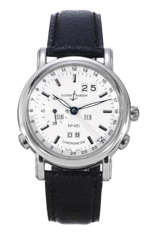 Perpetual Calendar GMT.Ulysse Nardin, Perpetual Calendar- GMT Chronometer, No. 451/500, Ref. 329-80. Made in a limited.edition of 500 pieces, sold on December 18th, 2002..Very fine, self-winding, water-resistant, two time zone, platinum chronometer wristw