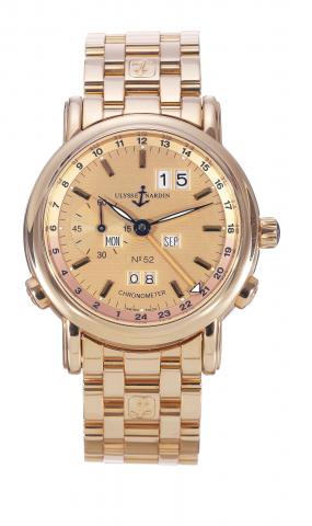 Perpetual Calendar GMT.Ulysse Nardin, Perpetual Calendar-GMT Chronometer, No. 52, Ref. 322-88.Made in a limited edition of.500 pieces, sold in February 2004..Very fine, self-winding,water-resistant, two time zone, 18K pink goldwristwatchwith perpetual cal