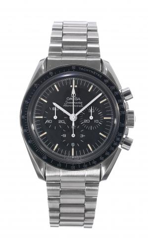 Omega, Speedmaster, Professional.movementNo. 22081719.Ref. ST145012-68. Made in 1968..Fine, asymmetrical, water-resistant, stainless.steel wristwatch, round button chronograph.registers, tachometer with a stainless steel.Omega bracelet with deployant clas