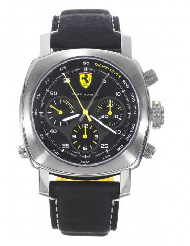 Fer 00010, Scuderia Rattrappante.Ferrari, Engineered byOfficine Panerai, Scuderia Rattrappante,No. FA059/500, caseNo. BB1190915, Ref. 6657.Made.in a limited series of 500 examples circa 2006..Fine, large, cushion-shaped, water-resistant, self-winding stai