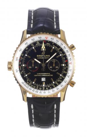 Left-Handed Chronomatic Limited Edition.Breitling, Chrono-Matic Chronographe Certifie.Chronometre, No. 005/100, Ref. K41350. Made in a limited.edition of 100 in 2003. Sold on February 5th, 2004..Fine, self-winding, water-resistant, 18K yellow gold wristwa