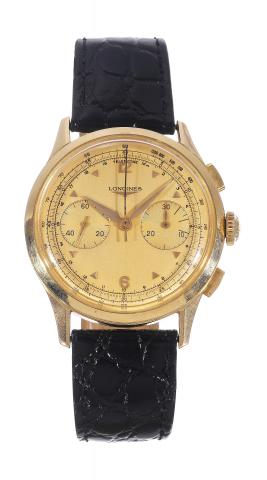 Caliber 30CH.Longines, movement No. 10945133, case No. 596729, Ref. 33. Made circa 1950..Very fine and rare, large, 18K yellow gold wristwatch with square button chronograph, semi-instantaneous 30-minute register.telemeter, tachometer and a gold-plated Lo