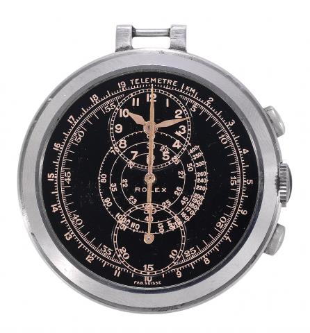 Ref. 2737, Staybrite Chronograph Dress Watch.Rolex, Ref. 2737, case No. 783503. Made in the.1930s..Very fine and extremely rare, small, Staybrite stainless steel dress.watch with olive-shaped button chronograph, register, tachometer.and telemeter.