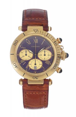 Yellow Gold Pasha Chronograph.Cartier, Pasha, Ref. T101492.case No. 30009. Made in 1992..Fine, water-resistant, quartz, 18K yellow.gold wristwatch with round button chronograph.registers, date and an 18K yellow.gold Cartier deployant clasp. Accompanied.by