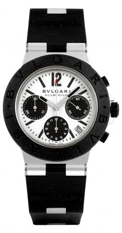 Aluminium Chronograph.Bulgari, Aluminiumand Rubber Automatic Chronograph.Ref. AC 38 TA. Made in the late 1990s..Fine, self-winding, aluminiumand rubber,water-resistant,wristwatch.with oval button chronograph, registers, date, on hinged rubber and.aluminiu