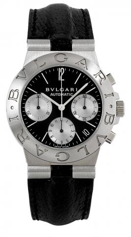 Steel Chronograph.Bulgari, Stainless Steel Automatic Chronograph Ref. CH.35 S. Made in the late 1990's..Fine, self-winding, stainless steel, water-resistant, wristwatch with.oval button chronograph and registers, date, and a stainless steel.Bulgari buckle