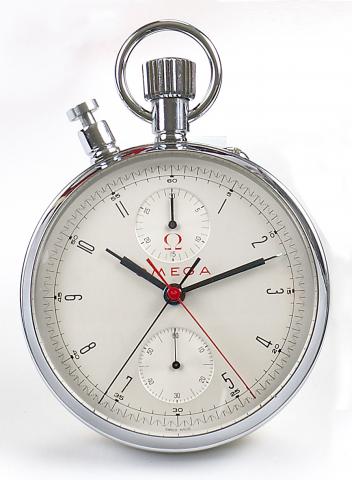 Omega, Olympic, No. 2033407, Ref. 6713.Made in a small series for the Pan American Games atWinnipeg (Manitoba, Canada).in 1966..Fine and rare, large, keyless, non-slip enamel-coated pocket watch with split-seconds chronograph and instantaneous 30-minute.r
