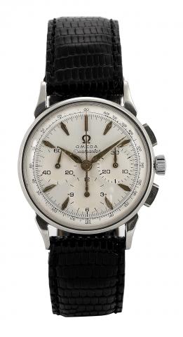 Omega Seamaster, No. 19833230, Ref. 2277-2. Made circa 1957..Fine and rare, stainless steelwristwatchwith square button chronograph, registers, tachometer and a stainless steelOmega.buckle..To be sold without reserve