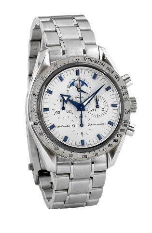 Omega, Speedmaster Professional, No. 77032125, Ref..145.0055. Made circa 2003..Fine and rare, astronomic, water-resistant, stainless steel.wristwatch with round button chronograph, date, moon phases.registers, steel bezel with tachometer graduated to 300 