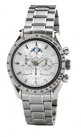 Omega, Speedmaster Professional, No. 77072051, Ref..145.0055. Made circa 2003..Fine and rare, astronomic, water-resistant, stainless steel.wristwatch with round button chronograph, date, moon phases.registers, steel bezel with tachometer graduated to 300 