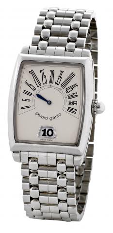 R_tro Solo.G_rald Genta, R_tro Solo, Ref. RSO.M.10. Made circa.2000..Fine, tonneau-shaped and curved, jump-hour, self-winding, waterresistant.stainless steel wristwatch with retrograde minutes and a.stainless steel G_rald Genta link bracelet with deployan