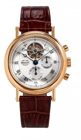 Tourbillon Chronographe.Breguet, Tourbillon Chronographe, No. 2572, Ref. 3567. Made in 2002..Very fine, rare and important, 18K pink gold wristwatch with visible one minute tourbillon regulator, round button chronograph.registers and an 18K pink gold buck