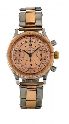 Ref. 3668. Stainless Steel and Pink Gold.Rolex, Oyster, Chronograph, Antimagnetic, Ref. 3668..Made in 1940..Very fine and extremely rare,water-resistant, stainless steel and 18K.pink gold wristwatch with round button chronograph, register.tachometer, tele