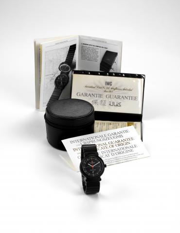 Compass Watch.International Watch Co., Schaffhausen.Porsche Design - The Compass Watch, Automatic.case No. 2249252, Ref. 3510. Made in 1980, sold.March 18, 1981..Fine and very unusual, anti-magnetic, center seconds, self-winding,water-resistant, black all