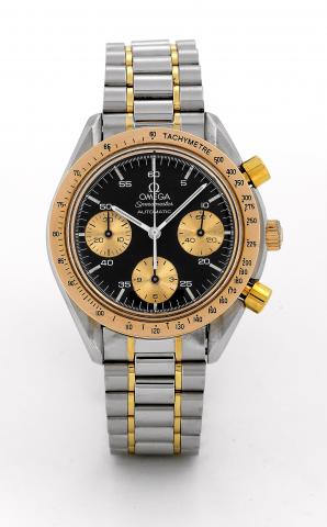 Speedmaster Automatic.Omega, Speedmaster Automatic, Ref. 175.00.33..Made circa 1990..Fine, self-winding, water-resistant, stainless steel and pink gold.wristwatch with round button chronograph, registers and a.stainless steel and gold Omega bracelet with 