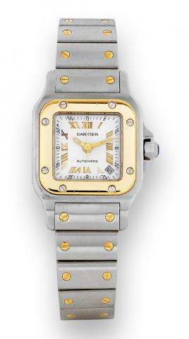 Santos.Cartier, Santos, Automatic, Ref. 2423. Made in the 1990s..Fine, square, center seconds, self-winding, water-resistant, 18K yellow gold and stainless steel lady