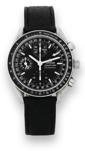 Speedmaster - Automatic, Triple Date.Omega, Speedmaster - Automatic, Triple Date,.Ref. 175.0084/375.0084. Made in the 1990s..Fine, self-winding, water-resistant, stainless steel wristwatch.with round button chronograph, registers, triple date, 24 hour.ind