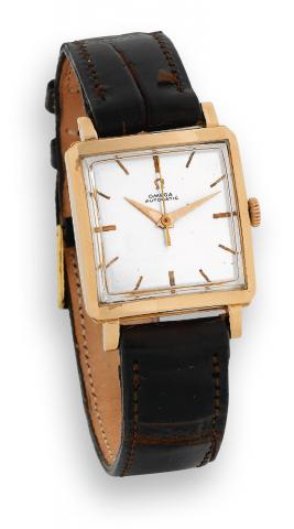 Pink Gold Square.Omega, Automatic, No. 15899881, case No..198481, Ref. 3971 SC. Made circa 1957..Fine and rare, square, center seconds, antimagnetic, selfwinding.18K pink gold wristwatch. Accompanied by a fitted.box.