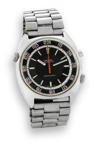 Seamaster.Omega, Chronostop Seamaster, No. 27050241, Ref..ST 145.008. Made circa 1967..Fine, tonneau-shaped, water-resistant, stainless steel wristwatch.with round-button chronograph and a stainless steel.Omega link bracelet..To be sold without reserve
