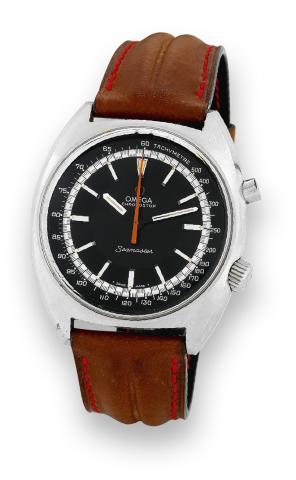 Chronostop with Tachometer.Omega, Seamaster Chronostop, No. 25855805.Ref. 145.007. Made in the late 1960s..Fine, tonneau-shaped, water-resistant, stainless steel wristwatch.with single round button chronograph..To be sold without reserve