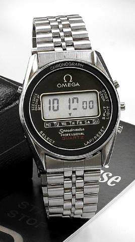 Omega, Speedmaster Professional, Quartz, Ref. 186.0004. Made circa 1980..Fine and unusual, water-resistant, quartz wristwatch with LCD digital display for the round button chronograph.functions, date, day of the week and an integral stainless steel Omega 