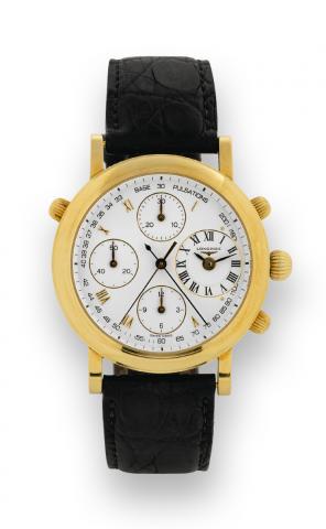 Chronograph Rattrapante.Longines, Ernest Francillon, No. 0221, Ref. L4.654.6. Made in the 1990s..Very fine and rare, self-winding, 18K yellow gold wristwatch with round button split-seconds chronograph.registers, pulsometer, off-center hours and a gold-pl
