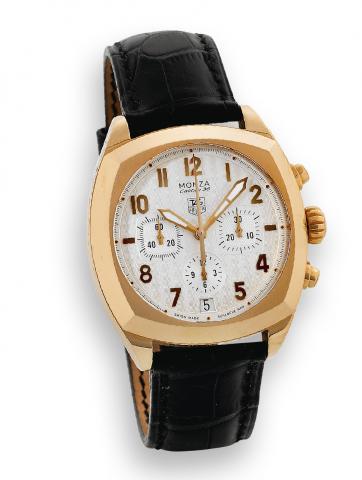 Monza 36.Tag Heuer, Monza Caliber 36, No. 079/150.Ref. CR5110. Made in a limited edition of 150 pieces circa.2000, sold November 10, 2002..Very fine, cushion-shaped, self-winding, water-resistant.18K pink gold wristwatch with round button chronograph.regi