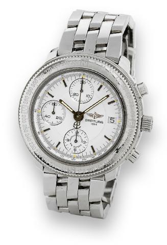 Steel Chronograph Longitude.Breitling Geneve, Chronograph Longitude Automatic.No. 124/700, Ref. A 13405. Made in a limited edition.of 700 pieces in the 2000s..Fine and rare, self-winding, water-resistant, stainless steel wristwatch.with round button chron