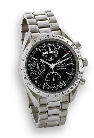 Speedmaster Automatic, Triple Date.Omega, Speedmaster - Automatic, Triple Date, case.No. 55942675, Ref. 175 0044. Made in the late 1990s..Fine, self-winding, stainless steel wristwatch with round button.chronograph, registers, triple date, steel bezel wit