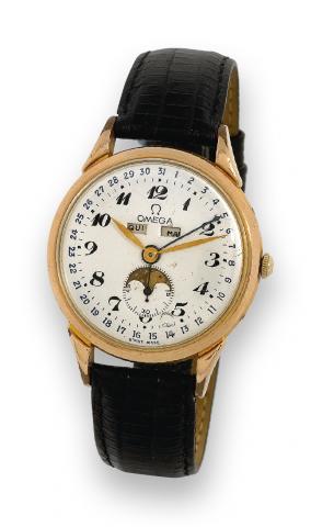 Cosmic.Omega, movement No. 11204897, Ref. No. 2486-2..Made in the 1950s..Fine and rare, pink gold-plated wristwatch with triple date.and moon phases..To be sold without reserve
