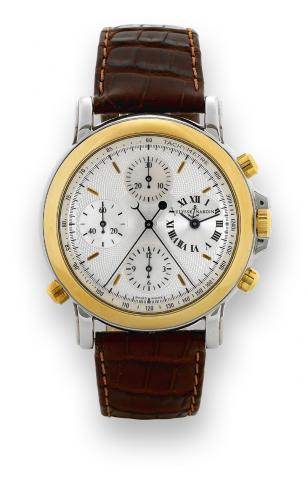 Split - Chrono Berlin 1907.Ulysse Nardin, Le Locle, Suisse, Split - Chrono.Berlin 1907, No. 195, Ref. No. 575-22. Made in the late.1990s..Very fine, large, self-winding, water-resistant to 30 meters.stainless steel and 18K yellow gold wristwatch with roun