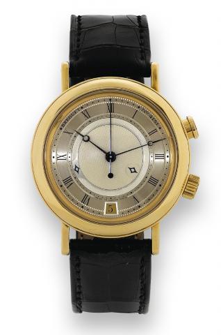 Alarm.Breguet, Alarm, No. 4151 F, Ref. 3600. Made in.the late 1990s..Fine, center-seconds, self-winding, 18K yellow gold.wristwatch with alarm, date, two crowns and an 18K yellow.gold Breguet buckle. Accompanied by a fitted box.