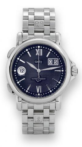 GMT Big Date.Ulysse Nardin, Le Locle, Suisse, GMT Big Date.San Marco, No. 4236, Ref. 223-88. Made circa 2000..Fine, center seconds, self-winding, water-resistant, two time.zone, stainless steel wristwatch with large date and a stainless.steel Ulysse Nardi