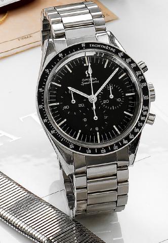 Pre-Moon Speedmaster.Omega, movement No. 24532022, Ref. ST 105.003-65. Made in 1967..Fine and rare, water-resistant, stainless steel wristwatch with round button chronograph, registers, tachometer and a stainless.steel Omega link bracelet. Accompanied by 