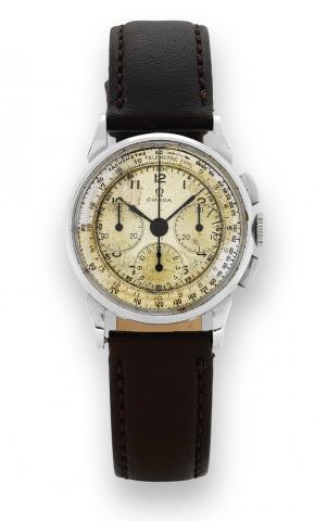 Stainless Steel Chronograph.Omega, No. 9601624, Ref. 2277-1. Made in the.late 1950s..Fine, stainless steel wristwatch with square button chronograph.registers, tachometer and telemeter.