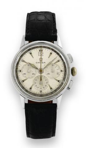 Stainless Steel Chronograph.Omega, No. 12976788, Ref. 2279-3. Made in the.late 1950s..Fine, Staybrite stainless steel wristwatch with square button.chronograph, registers and tachometer.