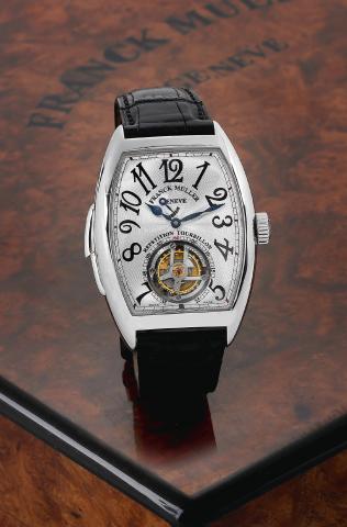 Platinum Minute-Repeater Tourbillon.Franck Muller, Geneve, Cintree Curvex Repetition Tourbillon No. 09, Ref. 7880 RM T. Sold.circa 2007..Very fine and very rare, large, curved tonneau-shaped, platinum wristwatch with visible one-minute flying tourbillon.r