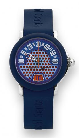Arena Sport Retro.G_rald Genta, Arena Sport Retro, Ref. RSP. L. 10-128. Made circa 2000..Fine, jump hour, center-seconds, self-winding, water-resistant, stainless steel and rubber wristwatch with retrograde.minutes and a stainless steel G_rald Genta doubl