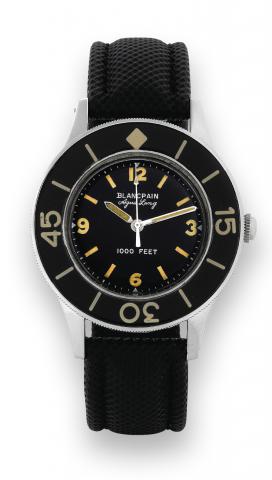 Aqua Lung.Blancpain, Fifty Fathoms Aqua Lung 1000 Feet.Ref. 3500, made in the late 1950s..Fine and rare, large, center-seconds, antimagnetic, selfwinding.water-resistant stainless steel diver's wristwatch with.wide bezel.