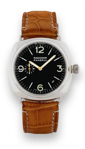 White Gold Radiomir.Officine Panerai, Firenze 1860, Radiomir, No..C 450/500, Ref. OP 6540. Made in a limited edition of 500.examples in 2000..Fine and rare, large, cushion-shaped, self-winding, waterresistant.18K white gold diver's wristwatch with date an