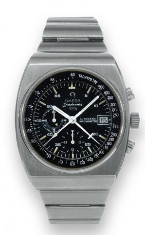 Speedy 125 Tachometer.Omega Speedmaster 125, Automatic Chronometer.Ref. ST 178.0002 / 378.0801. Made in a limited edition.of 2000 pieces to celebrate the 125th anniversary of Louis.Brandt / Omega in 1973..Fine and rare, tonneau-shaped, self-winding, water