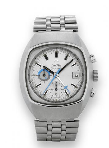 Seamaster.Omega, Seamaster, Automatic, No. 34687672.Ref. ST 176.005. Made circa 1972..Very fine, large, self-winding, water-resistant, stainless steel.wristwatch with round button chronograph, 12-hour and 60-.minute registers, 24-hour indication, date and