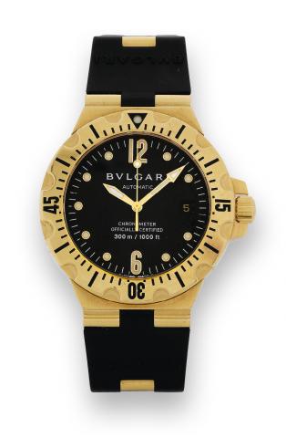 Diagono Professional Scuba.Bulgari, Automatic Chronometer Officially Certified.Diagono Pro, No. D 0163, Ref. SD 40 G. Made in.the 2000s..Fine, self-winding, water-resistant, center-seconds, 18K yellow.gold diver's wristwatch with date, unidirectional beze