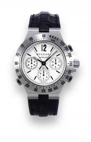 Diagono Split Platinum.Bulgari, Rattrapante, Diagono Professional Terra.Automatic, Chronograph, No. 012, Ref CH.W.40.G.TA.RA..Sold in December 2007..Fine and unusual, heavy, self-winding, water-resistant, platinum.wristwatch with square button split-secon