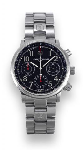 Marine Chronograph.Ulysse Nardin, Marine Chronograph.movement No. 15194, case.No. 0045, Ref. 363-22. Sold in December.1998..Fine, water-resistant, self-winding stainless.steel wristwatch with round.button chronograph, registers, date.tachometer and a stai