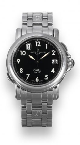 San Marco GMT.Ulysse Nardin, San Marco.GMT, 100 m, No. 537, Ref. 203-22..Sold in March 1995..Fine, water-resistant, self-winding, center.seconds, two time zone, stainless steel.wristwatch with date and a stainless.steel Ulysse Nardin link bracelet with.co