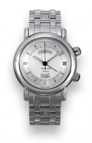 San Marco Alarm.Ulysse Nardin, San Marco.Alarm, Automatic, case No. 393, Ref..603.77. Sold in March 1995..Fine, self-winding, center seconds.two crowns, stainless steel wristwatch.with alarm, day/date and a stainless.steel Ulysse Nardin link bracelet with