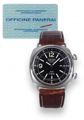 Radiomir - GMT - Alarm Ref. OP 6563.Officine Panerai, Firenze 1860, Radiomir - GMT - Alarm, No. E022/500, case No. BB1054663, Ref. OP 6563..Made in a limited series of 500 examples in 2002. Sold in October, 2002..Very fine and rare, large, two time zone, 
